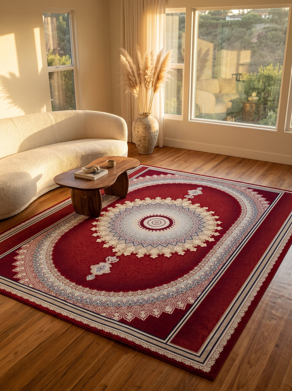 Royal Red Medallion Persian Rug · 1200 Reeds — size 10x13 Feet (300x400 cm) 12Meters shown to scale in a living room — Stylish Rugs & Carpets, Sacramento