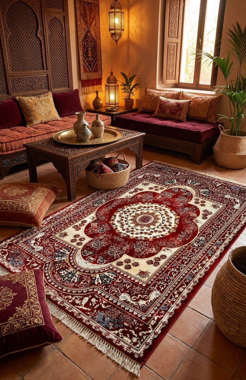 Red & Cream Persian Floral Rug — area rug styled in a room, Stylish Rugs & Carpets, Sacramento
