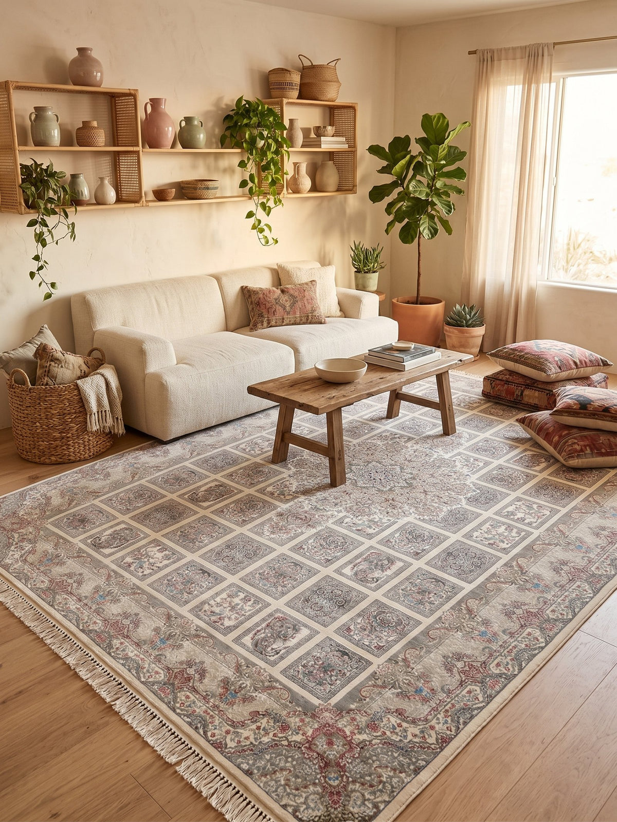 Classic Cream Panel Kheshti Persian Rug · 2M Points styled in a room — Stylish Rugs & Carpets, Sacramento