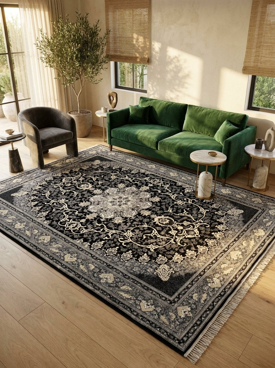 Black & Gray Persian Design Rug — area rug styled in a room, Stylish Rugs & Carpets, Sacramento