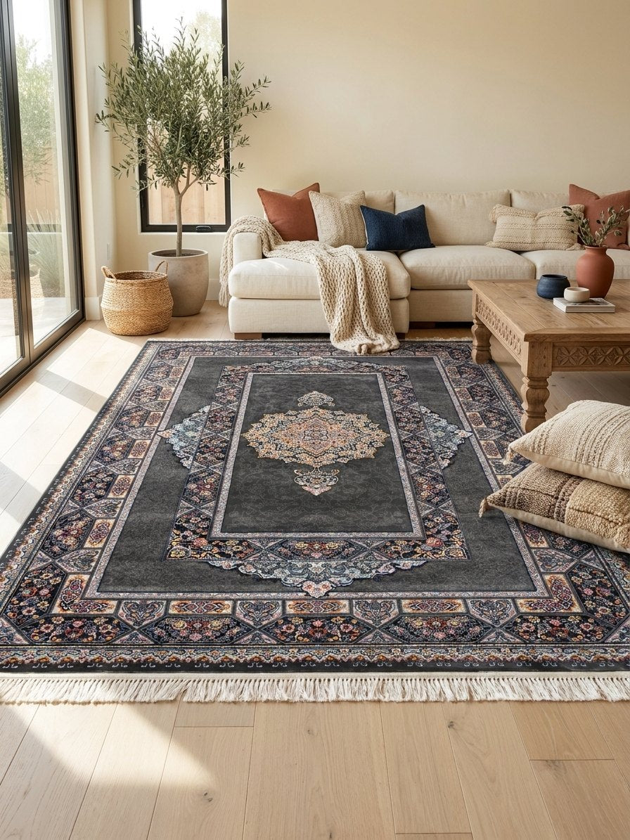Dark Gray Medallion Persian Rug · 1200 Reeds — size 10x13 Feet (300x400 cm) 12Meters shown to scale in a living room — Stylish Rugs & Carpets, Sacramento