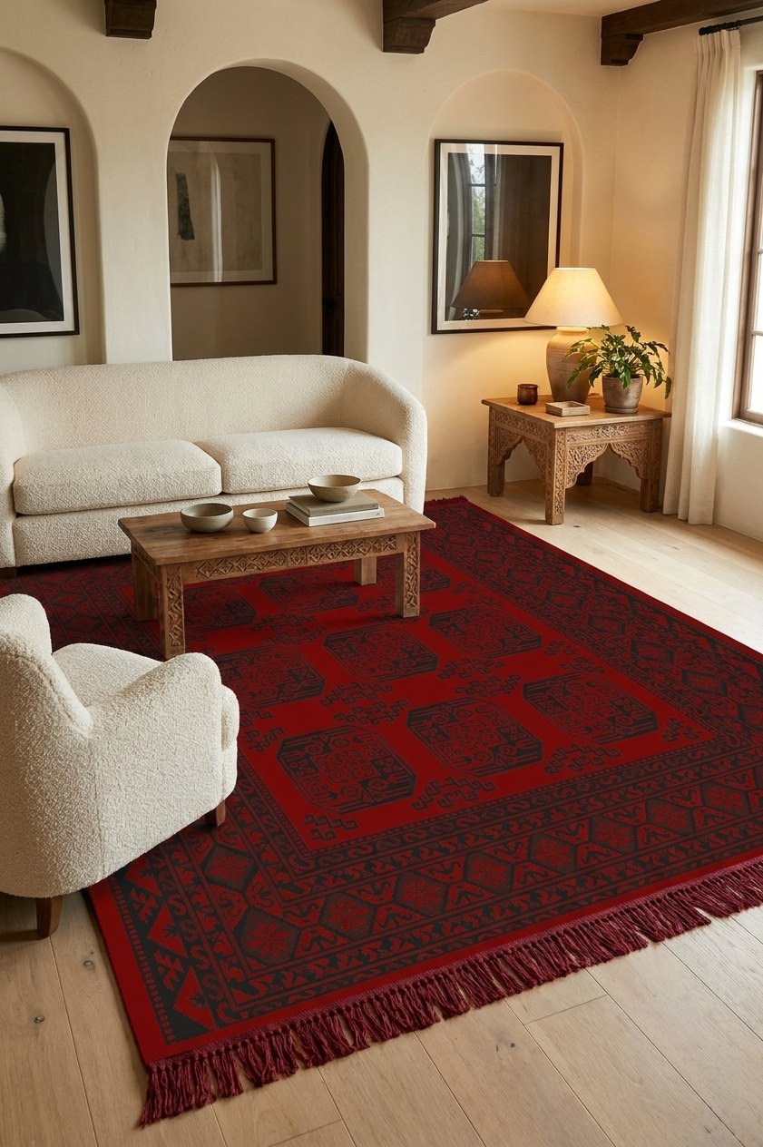 Turkmen Bokhara Rug - Red and Black - 700 Reeds — area rug styled in a room, Stylish Rugs & Carpets, Sacramento