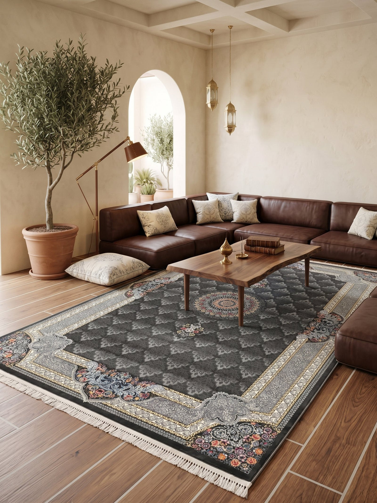 Dark Gray Central Medallion Persian Rug · 1200 Reeds styled in a room — Stylish Rugs & Carpets, Sacramento