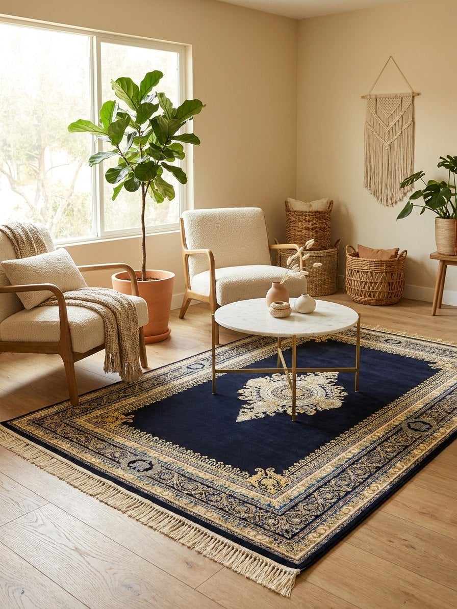 Navy Medallion Persian Rug — area rug styled in a room, Stylish Rugs & Carpets, Sacramento