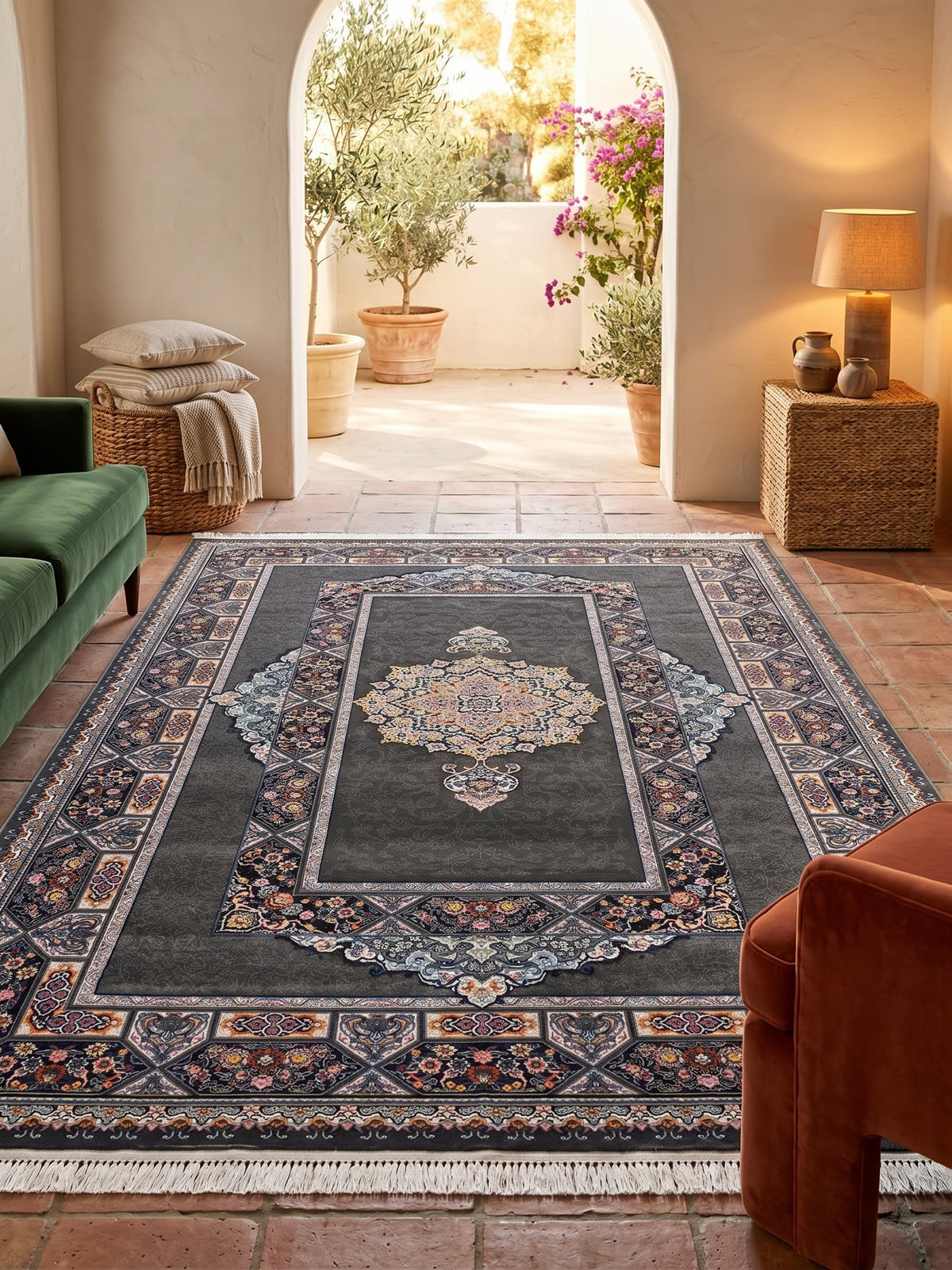 Dark Gray Traditional Medallion Persian Rug · 1200 Reeds styled in a room — Stylish Rugs & Carpets, Sacramento