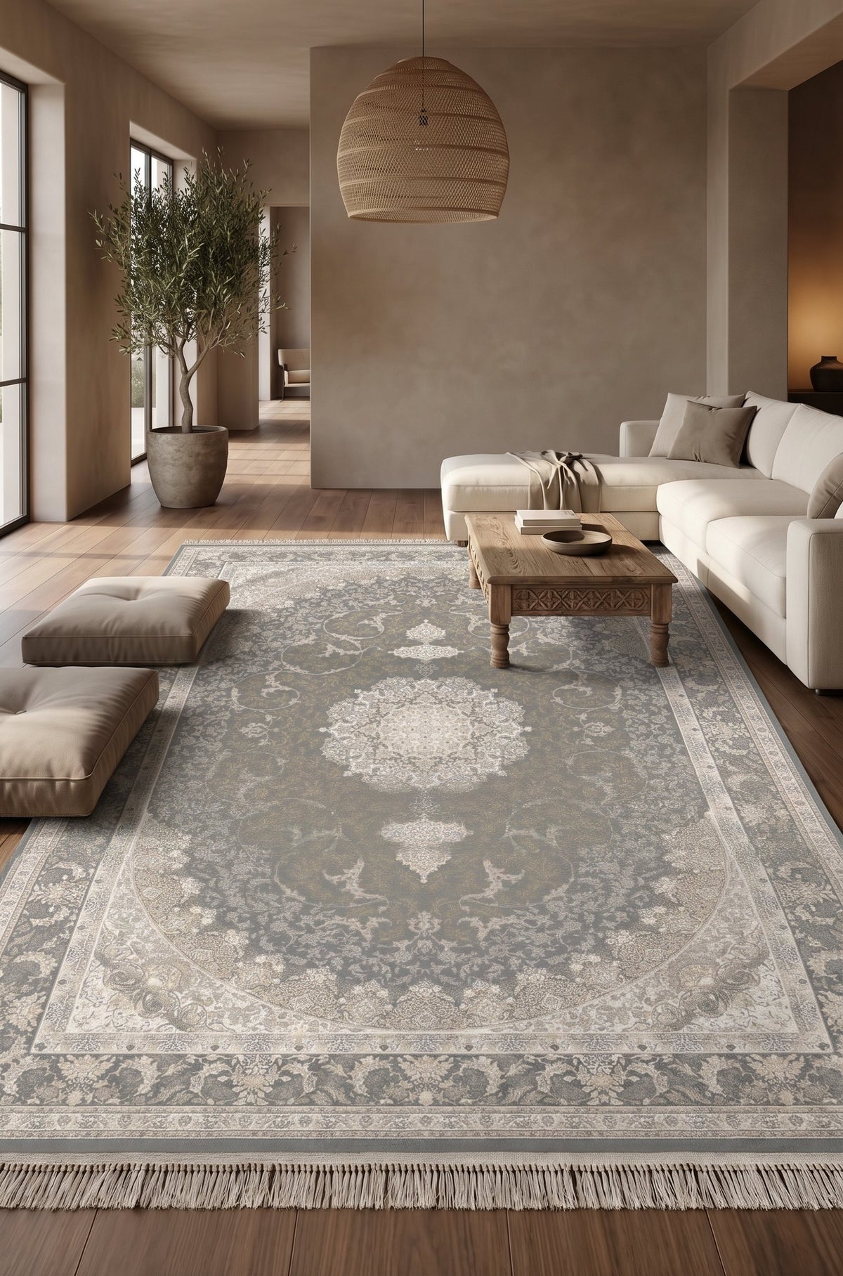 Taupe & Cream Classical Medallion Rug - Shadow Art Silk — area rug styled in a room, Stylish Rugs & Carpets, Sacramento