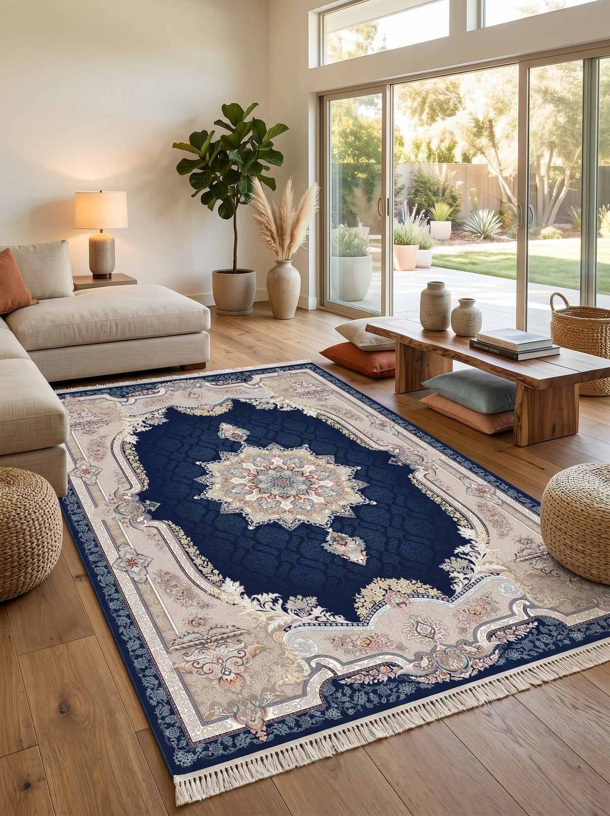 Deep Navy Ornate-Frame Persian Rug · 1200 Reeds — size 3x13 Feet (91x400 cm) 4Meters Runner shown to scale in a living room — Stylish Rugs & Carpets, Sacramento