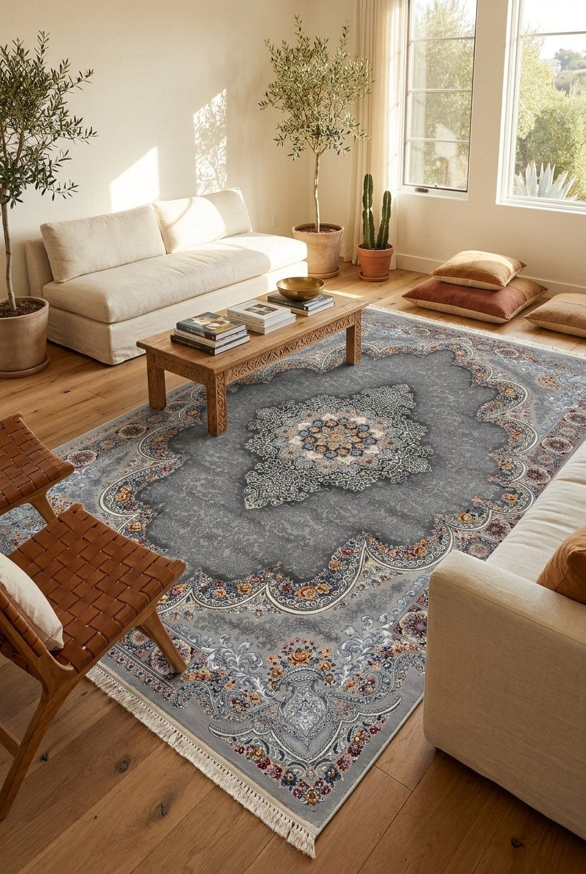 Light Gray Medallion Persian Rug · 1200 Reeds — size 8.2x11.5 Feet (250x350 cm) 9Meters shown to scale in a living room — Stylish Rugs & Carpets, Sacramento