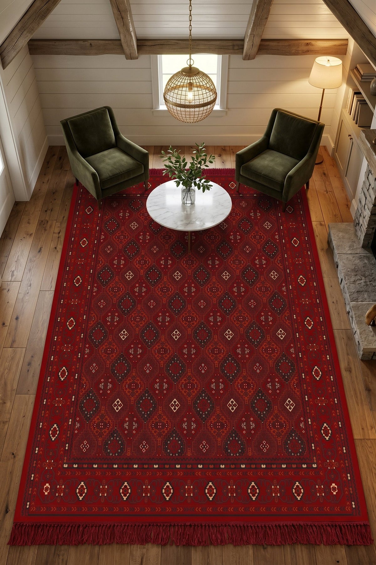 Red Herati Turkish Rug — area rug styled in a room, Stylish Rugs & Carpets, Sacramento