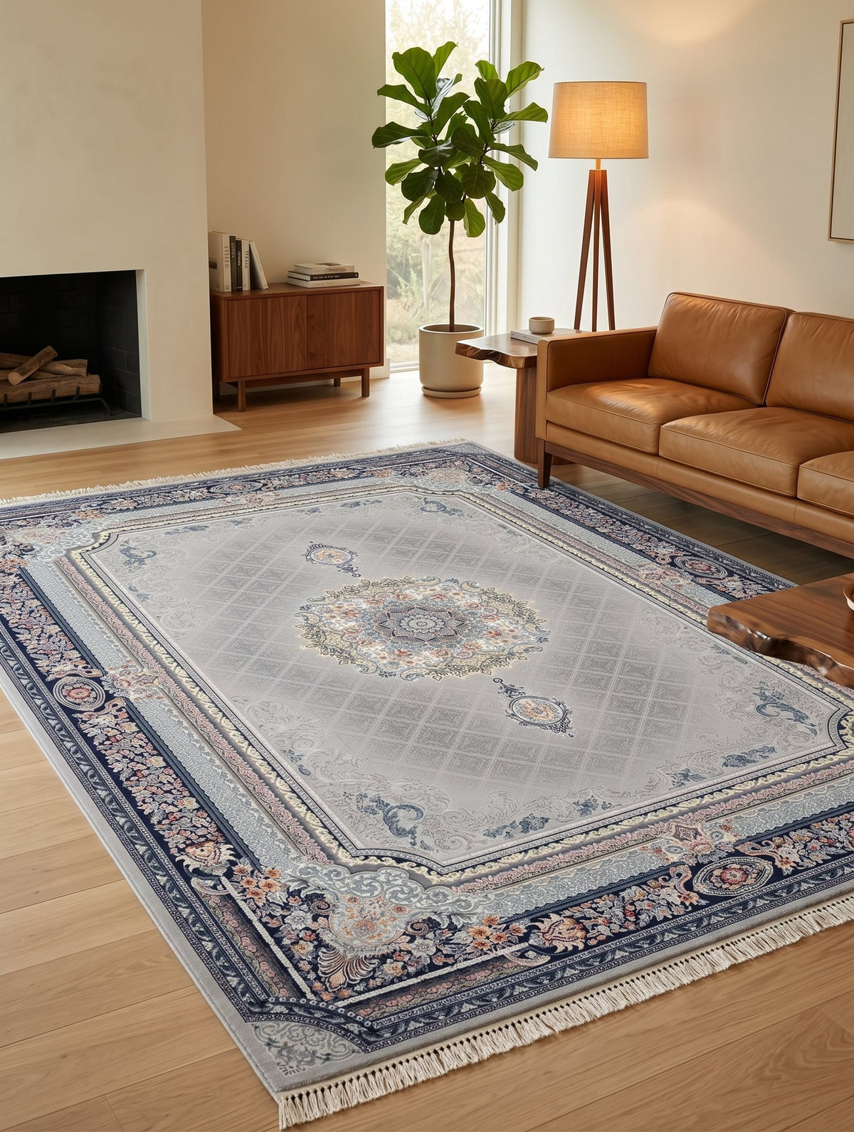 Silver Gray Medallion Persian Rug · 1200 Reeds styled in a room — Stylish Rugs & Carpets, Sacramento
