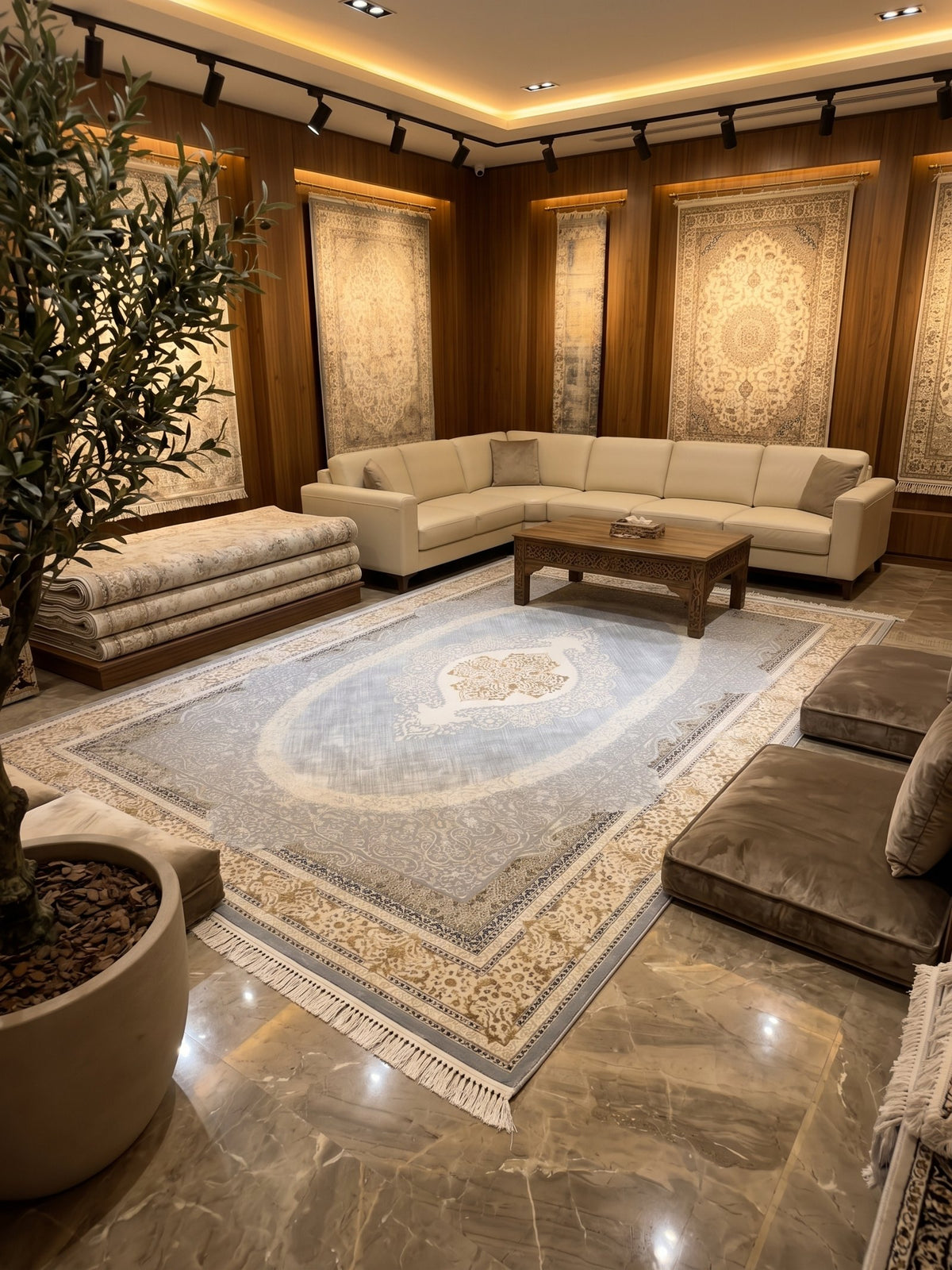 Cream & Gold Cream-Border Persian Rug styled in a room — Stylish Rugs & Carpets, Sacramento