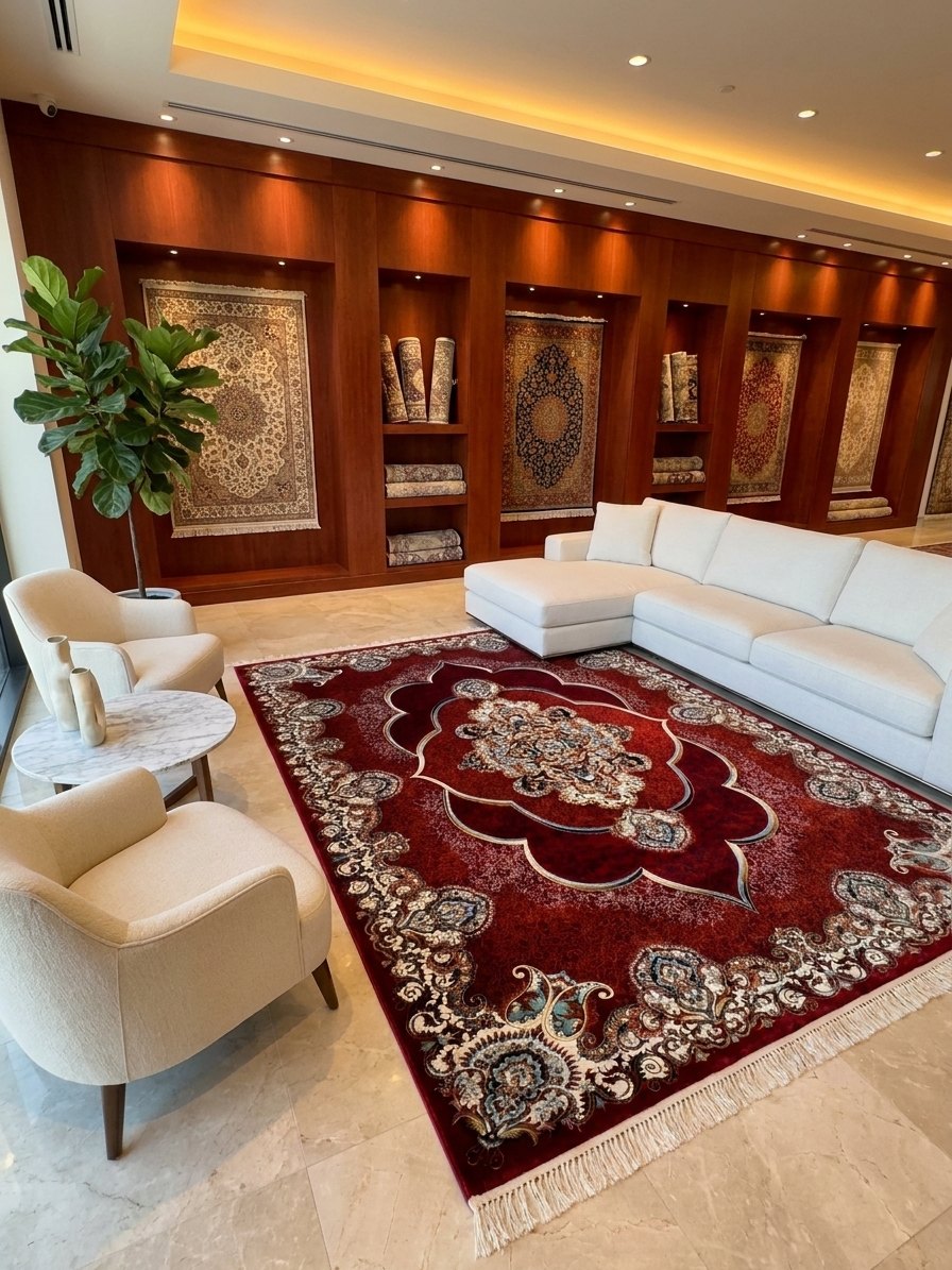 Mafkoor Persian Rug, Red — 1200 Reeds — area rug styled in a room, Stylish Rugs & Carpets, Sacramento