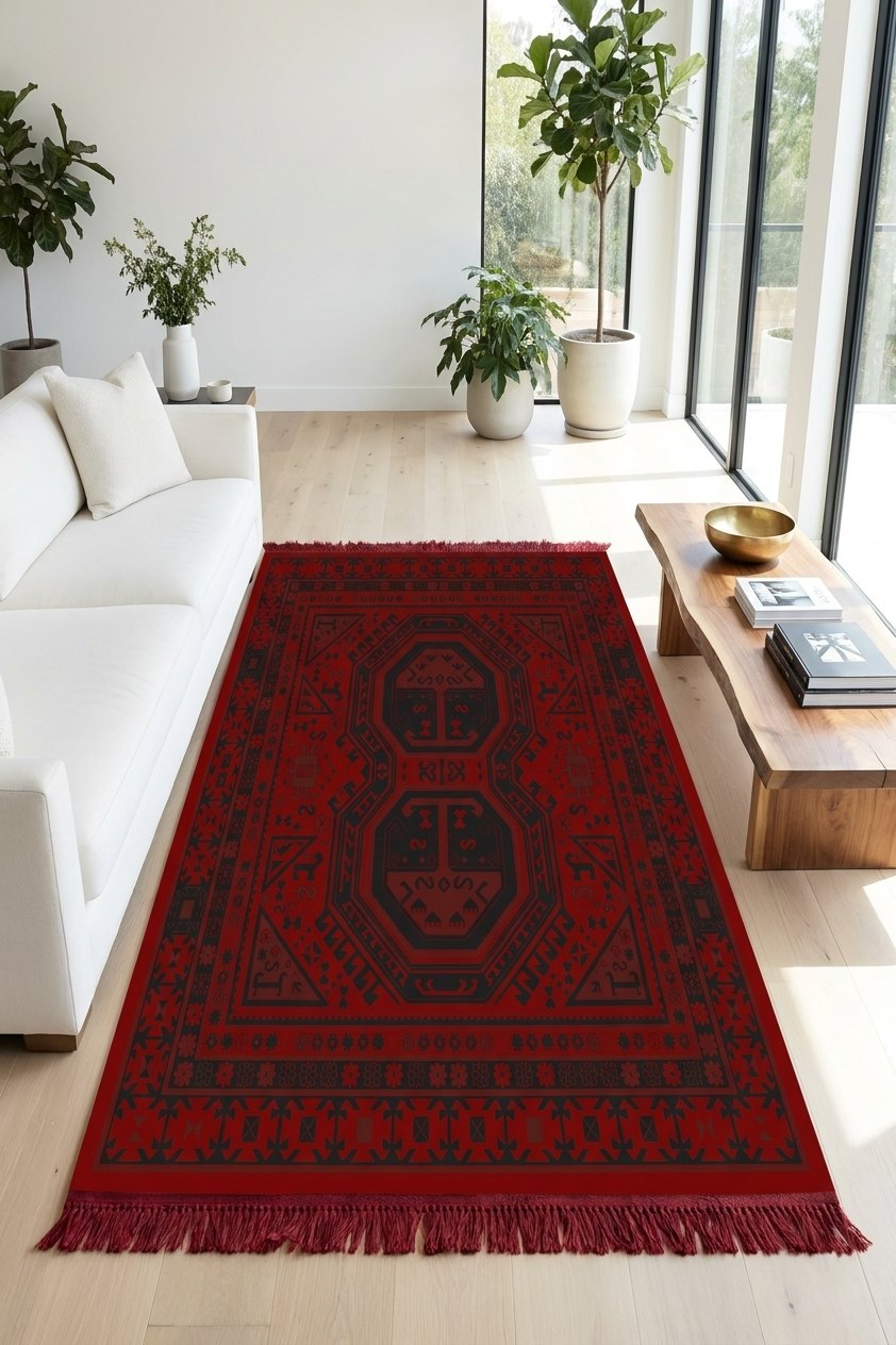 Red & Black Twin Octagon Turkish Rug — area rug styled in a room, Stylish Rugs & Carpets, Sacramento