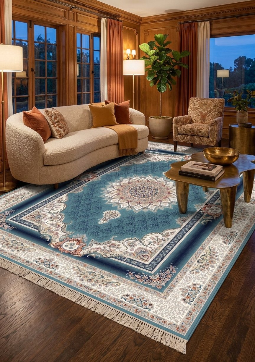 Teal Blue Medallion Persian Rug · 1200 Reeds rug styled in a Sacramento home — Stylish Rugs & Carpets