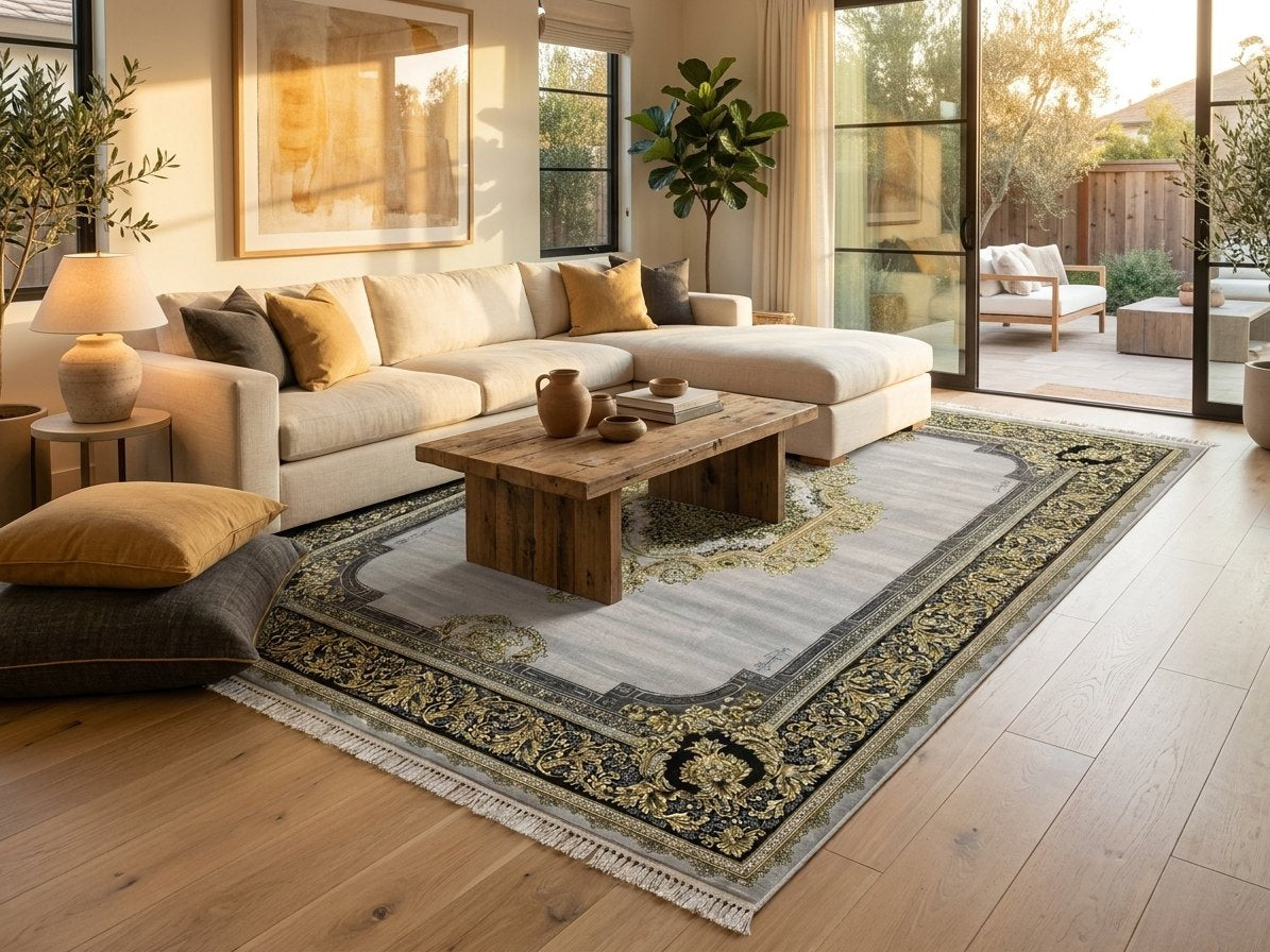 Gray & Gold Medallion Shah Persian Rug rug styled in a Sacramento home — Stylish Rugs & Carpets