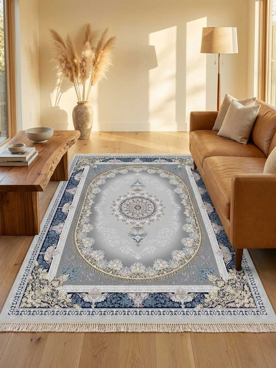 Navy Medallion Persian Rug · 1200 Reeds — size 3x6Feet (91x200cm) 2Meters Runner shown to scale in a living room — Stylish Rugs & Carpets, Sacramento