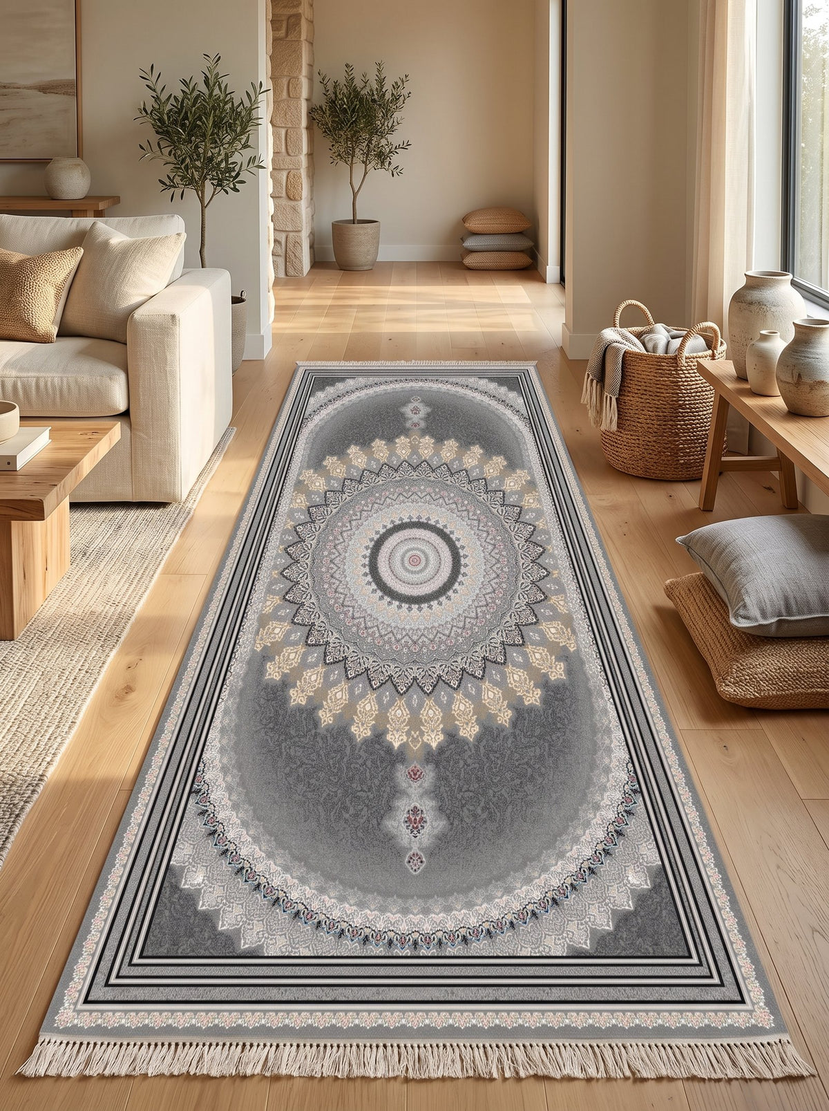 Dark Gray Oval Medallion Persian Rug · 1200 Reeds — size 3x13 Feet (91x400 cm) 4Meters Runner shown to scale in a living room — Stylish Rugs & Carpets, Sacramento