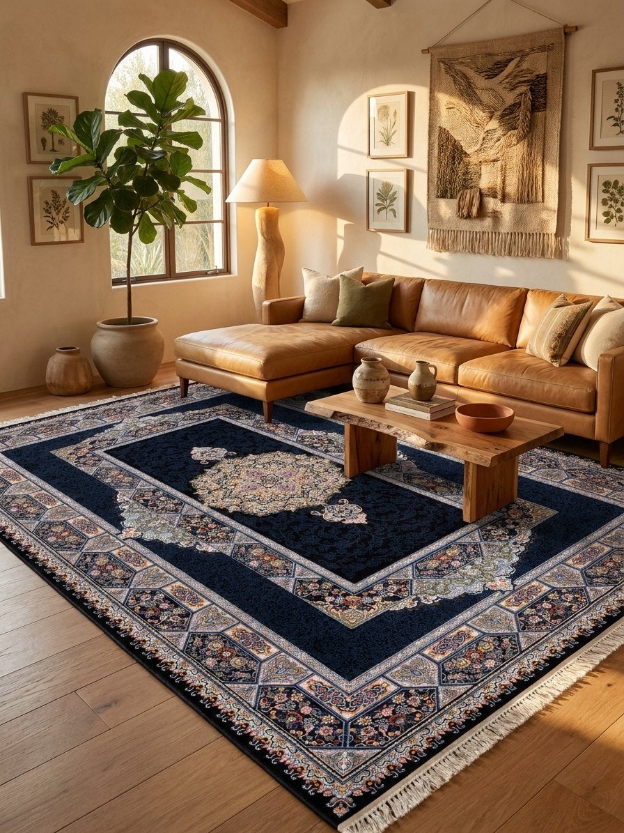 Navy Medallion Persian Rug · 1200 Reeds rug styled in a Sacramento home — Stylish Rugs & Carpets