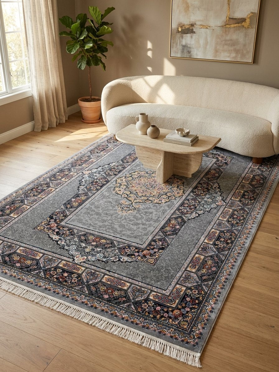 Light Gray Medallion Persian Rug · 1200 Reeds — size 8.2x11.5 Feet (250x350 cm) 9Meters shown to scale in a living room — Stylish Rugs & Carpets, Sacramento