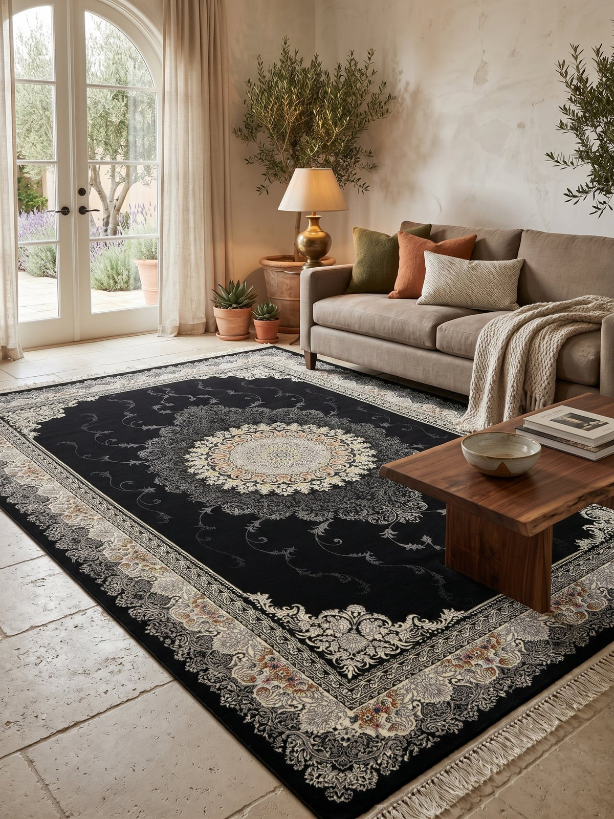 Black Floral Turkish Rug styled in a room — Stylish Rugs & Carpets, Sacramento