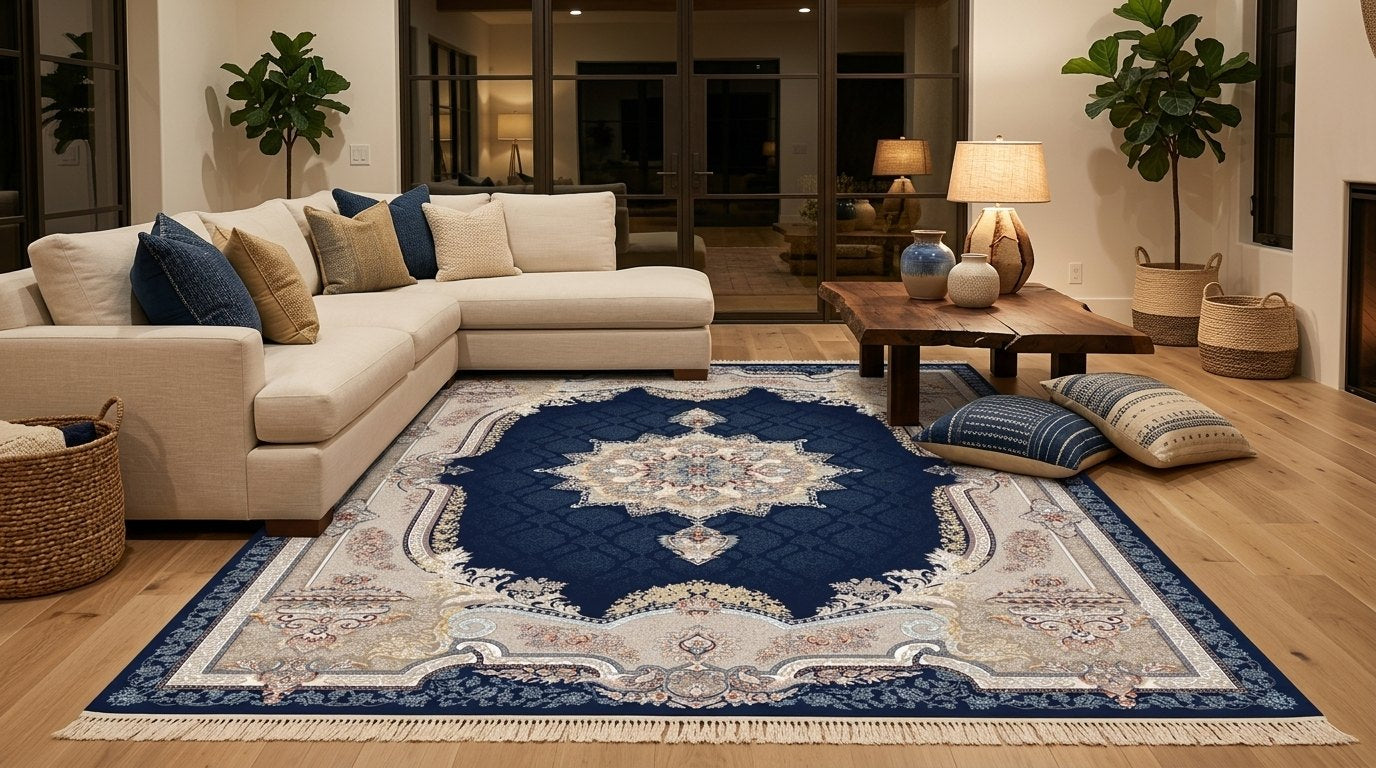 Navy Medallion Persian Rug · 1200 Reeds — size 3x10Feet (91x300cm) 3Meters Runner shown to scale in a living room — Stylish Rugs & Carpets, Sacramento