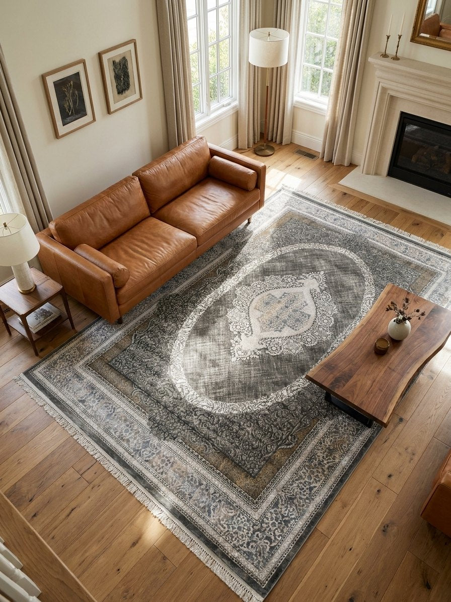 Dark Gray Medallion Turkish Rug rug styled in a Sacramento home — Stylish Rugs & Carpets