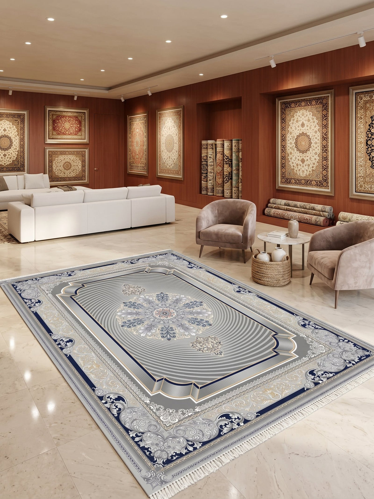 Light Gray 3D Persian Rug · 1200 Reeds styled in a room — Stylish Rugs & Carpets, Sacramento