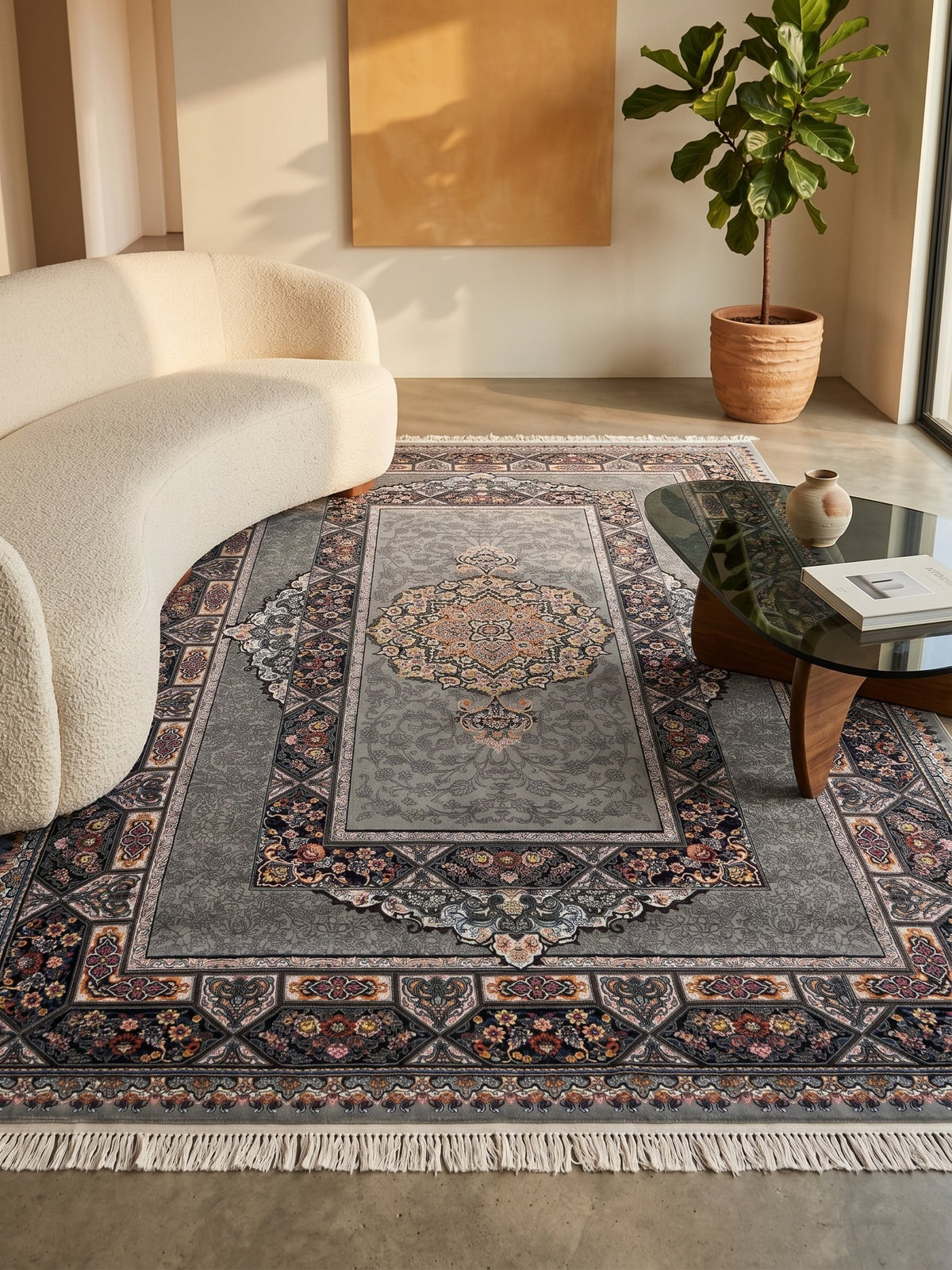 Light Gray Traditional Medallion Persian Rug · 1200 Reeds — size 5x7.5 ft (150x230 cm) 3.5Meters shown to scale in a living room — Stylish Rugs & Carpets, Sacramento