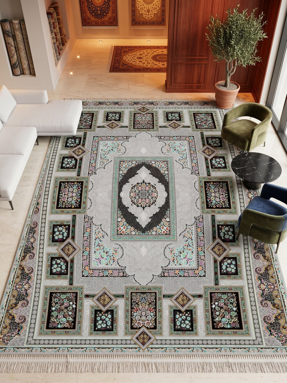 Silver Panel Persian Rug · 1200 Reeds styled in a room — Stylish Rugs & Carpets, Sacramento