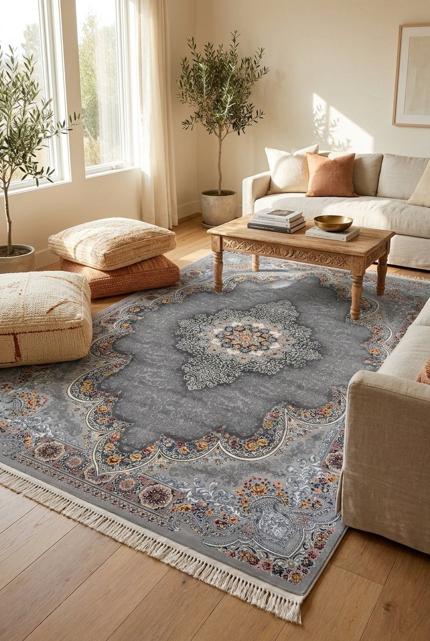 Light Gray Medallion Persian Rug · 1200 Reeds — size 6.5x10 Feet (200x300 cm) 6Meters shown to scale in a living room — Stylish Rugs & Carpets, Sacramento