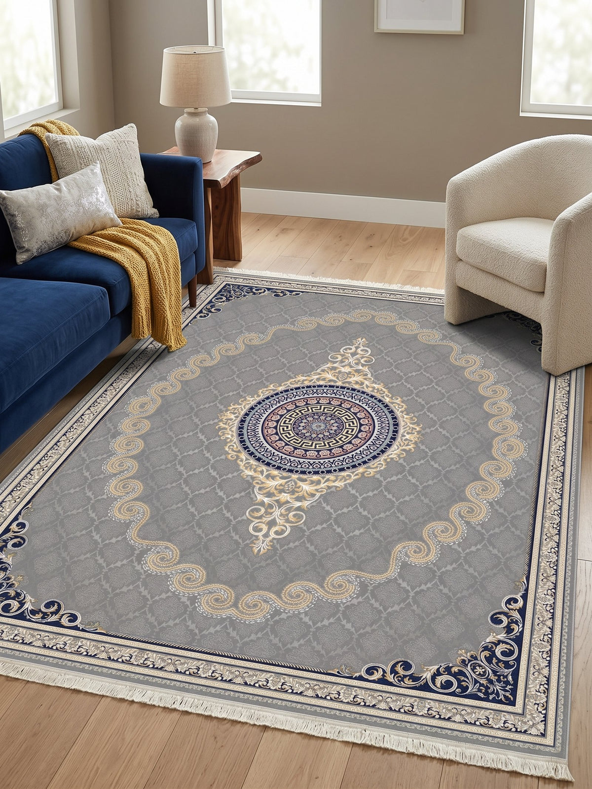Silver Gray & Gold Scroll Persian Rug · 1200 Reeds — size 8.2x11.5 Feet (250x350 cm) 9Meters shown to scale in a living room — Stylish Rugs & Carpets, Sacramento