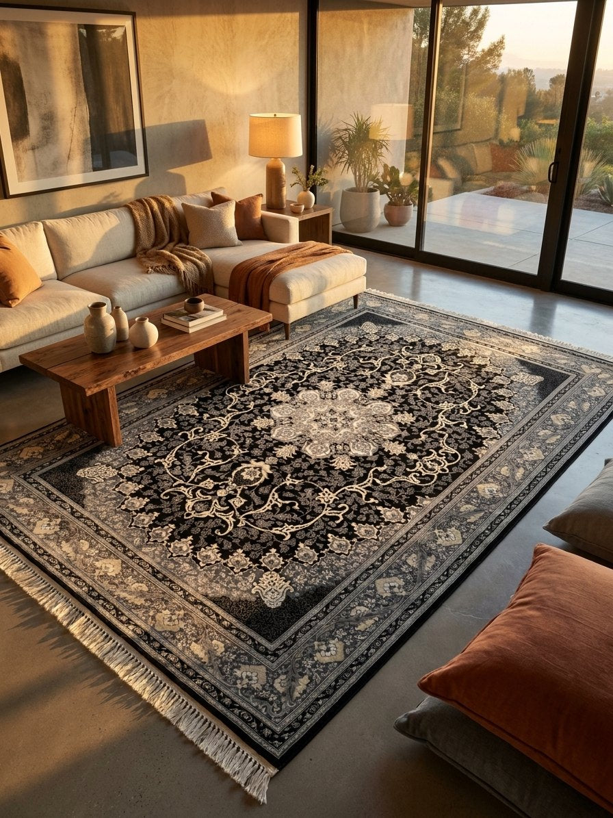 Black & Gray Persian Design Rug — area rug styled in a room, Stylish Rugs & Carpets, Sacramento