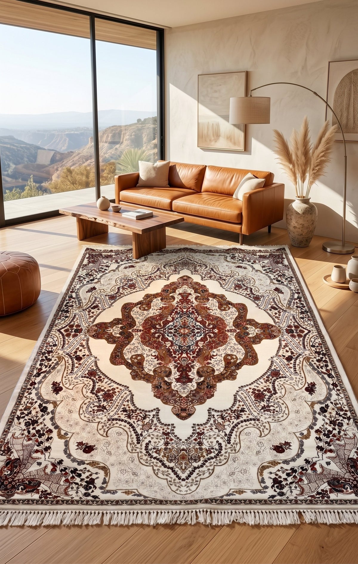 Luxury Cream & Brown Persian Rug — 1.5M Points styled in a room — Stylish Rugs & Carpets, Sacramento