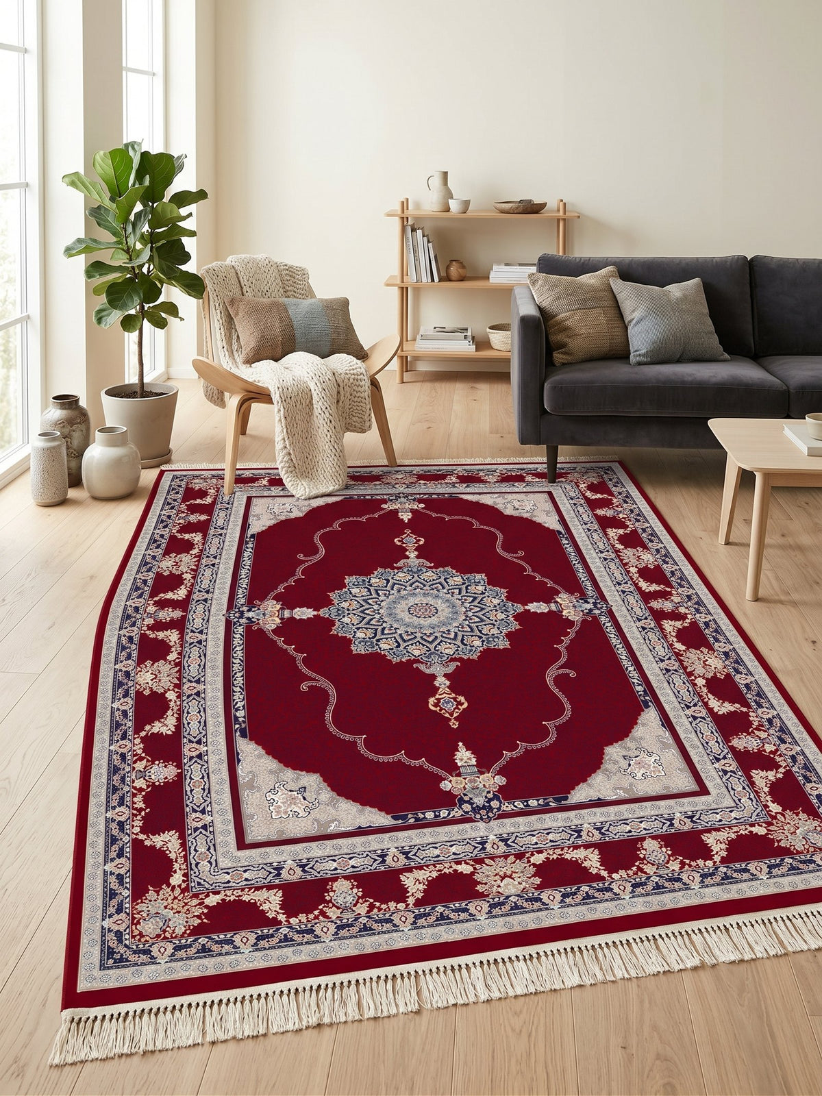 Burgundy Classic Medallion Persian Rug · 1200 Reeds styled in a room — Stylish Rugs & Carpets, Sacramento