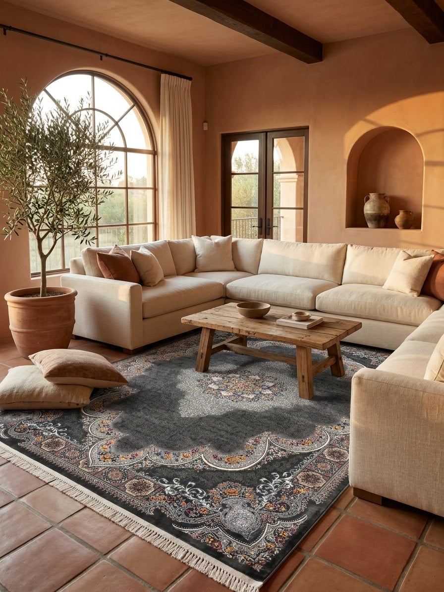 Dark Gray Medallion Persian Rug · 1200 Reeds rug styled in a Sacramento home — Stylish Rugs & Carpets