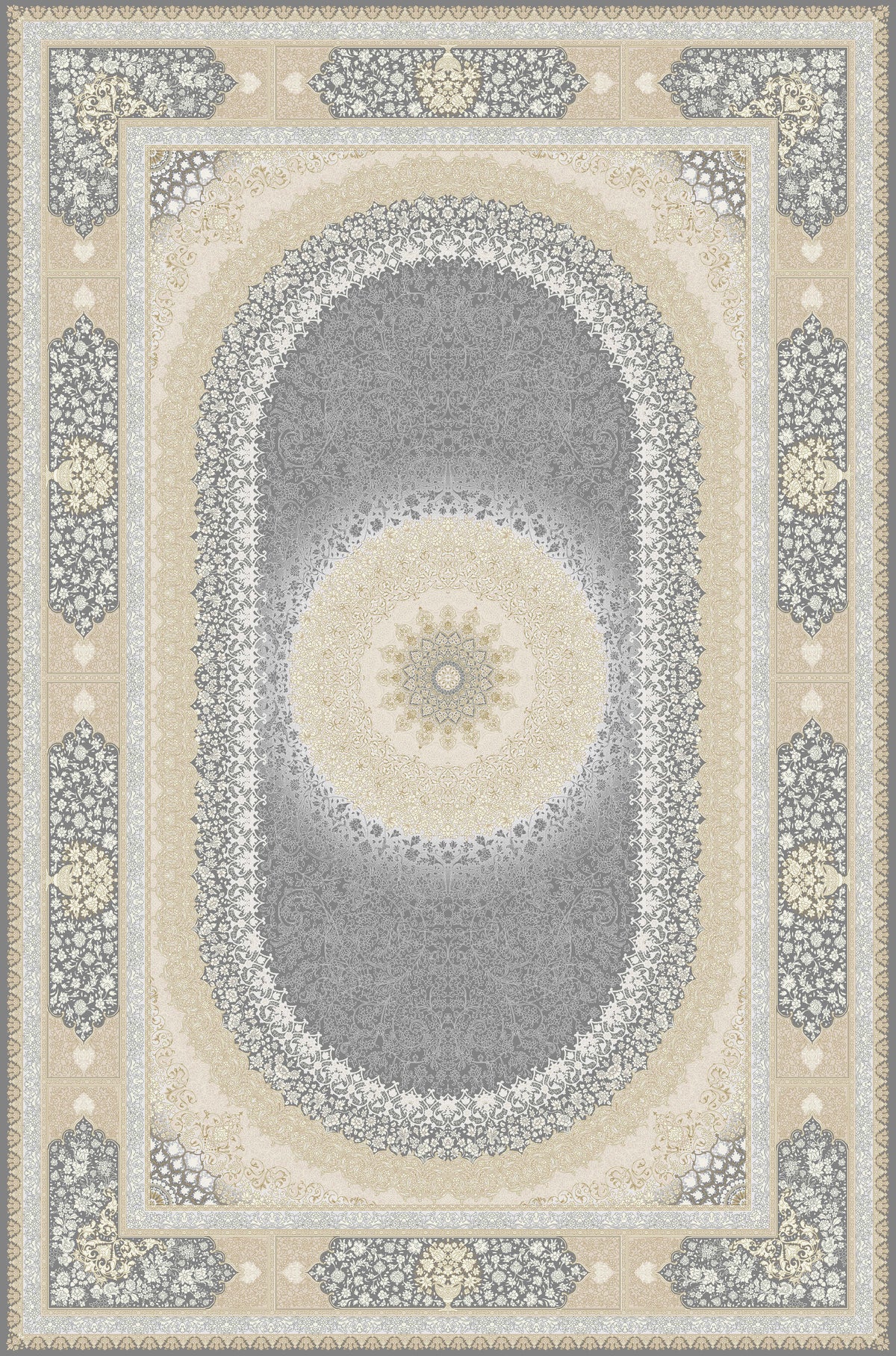 Grey & Cream oval medallion rug from the Shadow line, Art Silk pile