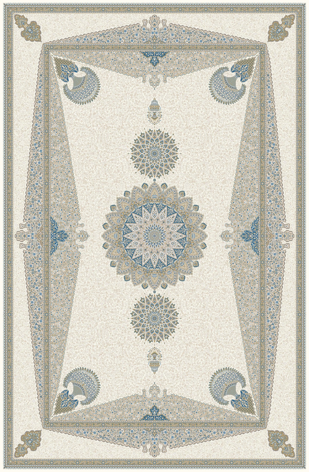 Cream & Teal roundel panel rug from the Shadow line, Art Silk pile