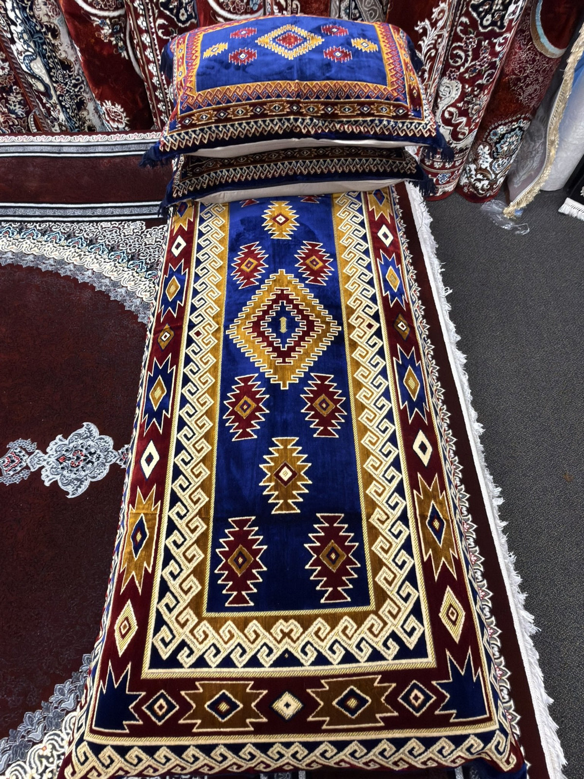 Blue and burgundy tribal Afghan toshak cover set — Stylish Rugs & Carpets, Sacramento
