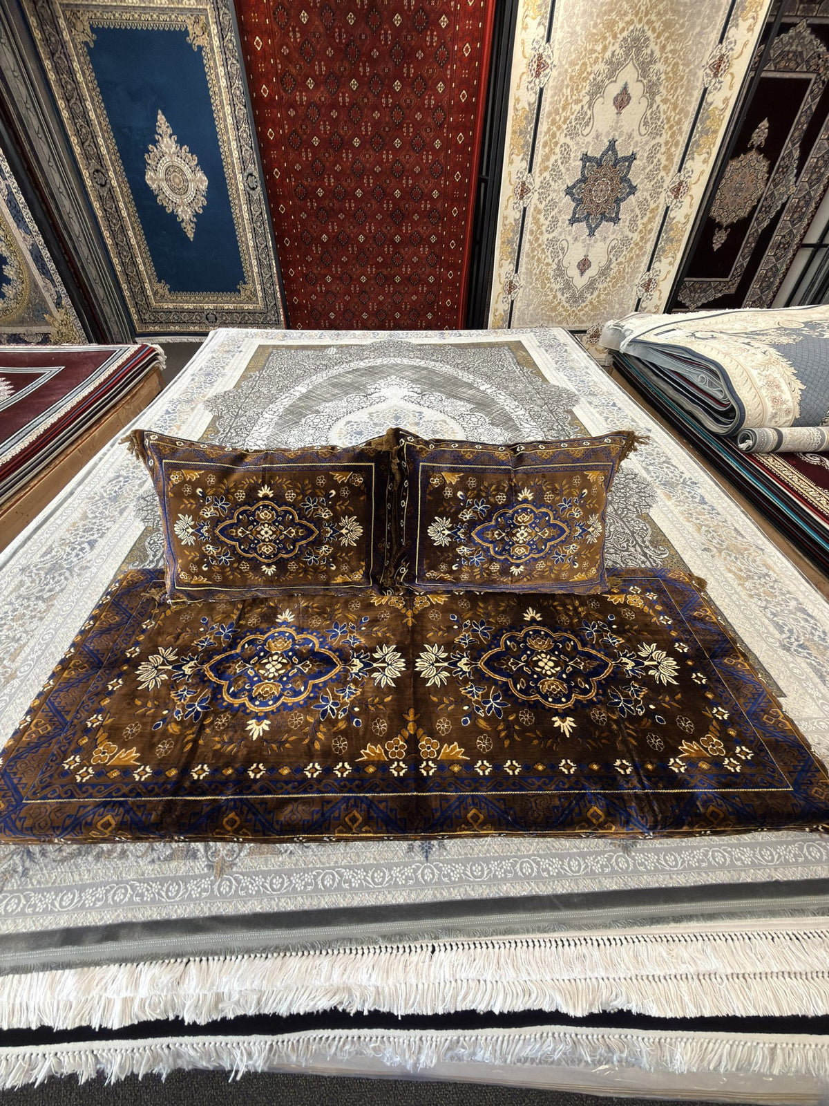Brown and royal blue medallion Afghan toshak cover set — Stylish Rugs & Carpets, Sacramento
