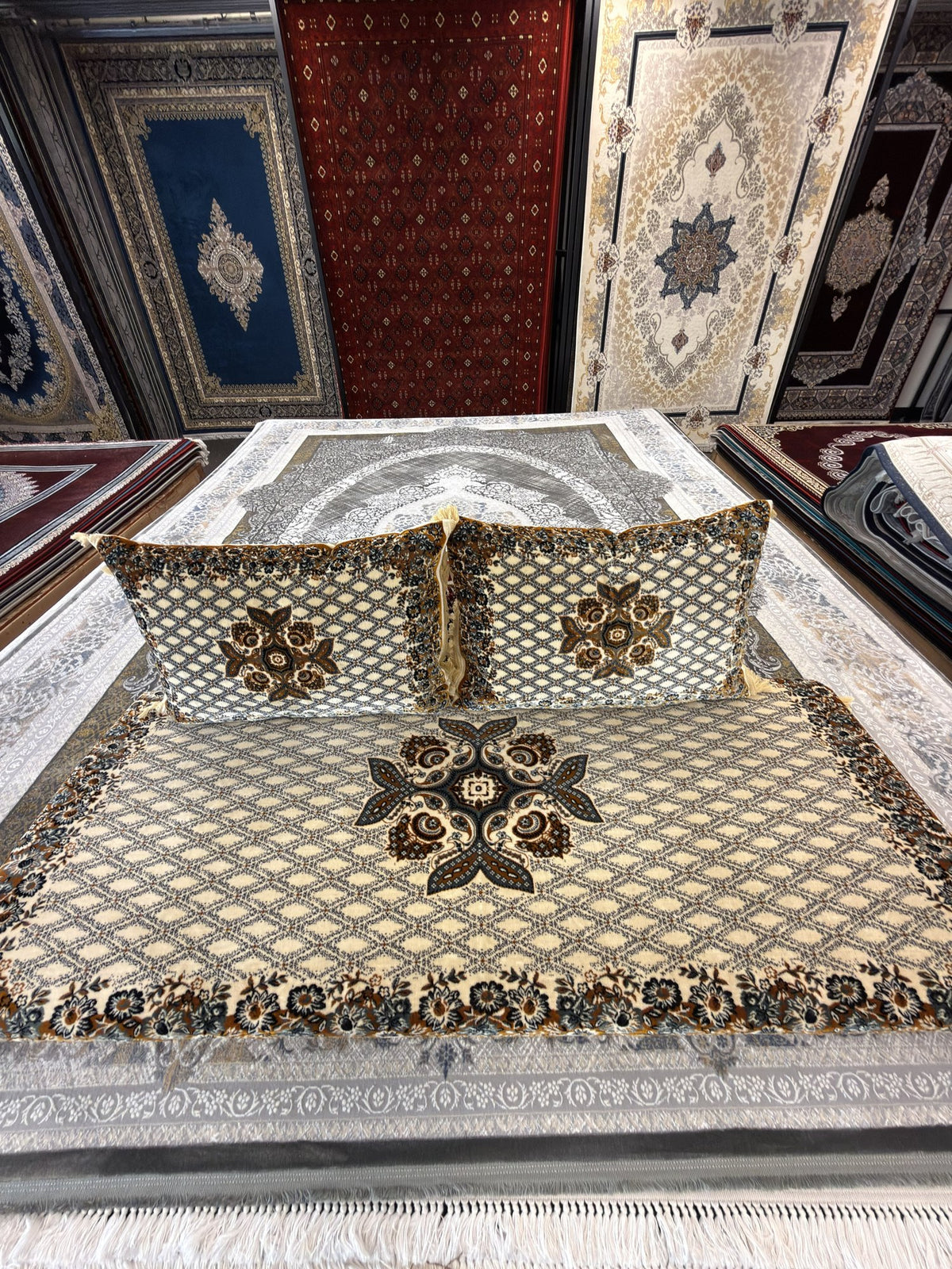 Ivory and teal lattice Afghan toshak cover set — Stylish Rugs & Carpets, Sacramento