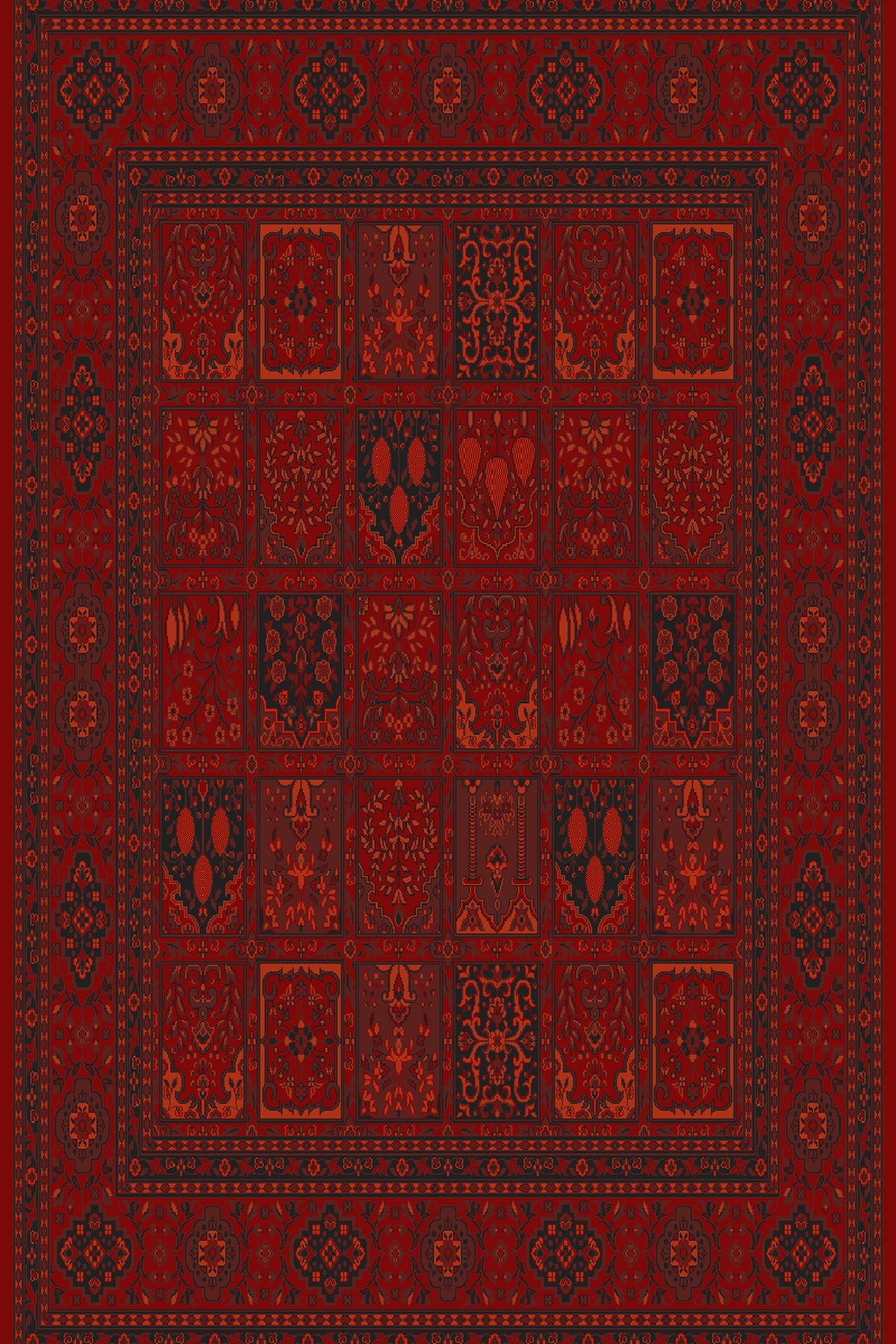 Red garden-panel Turkish rug, design 01736A, compartmented field — Stylish Rugs & Carpets, Sacramento