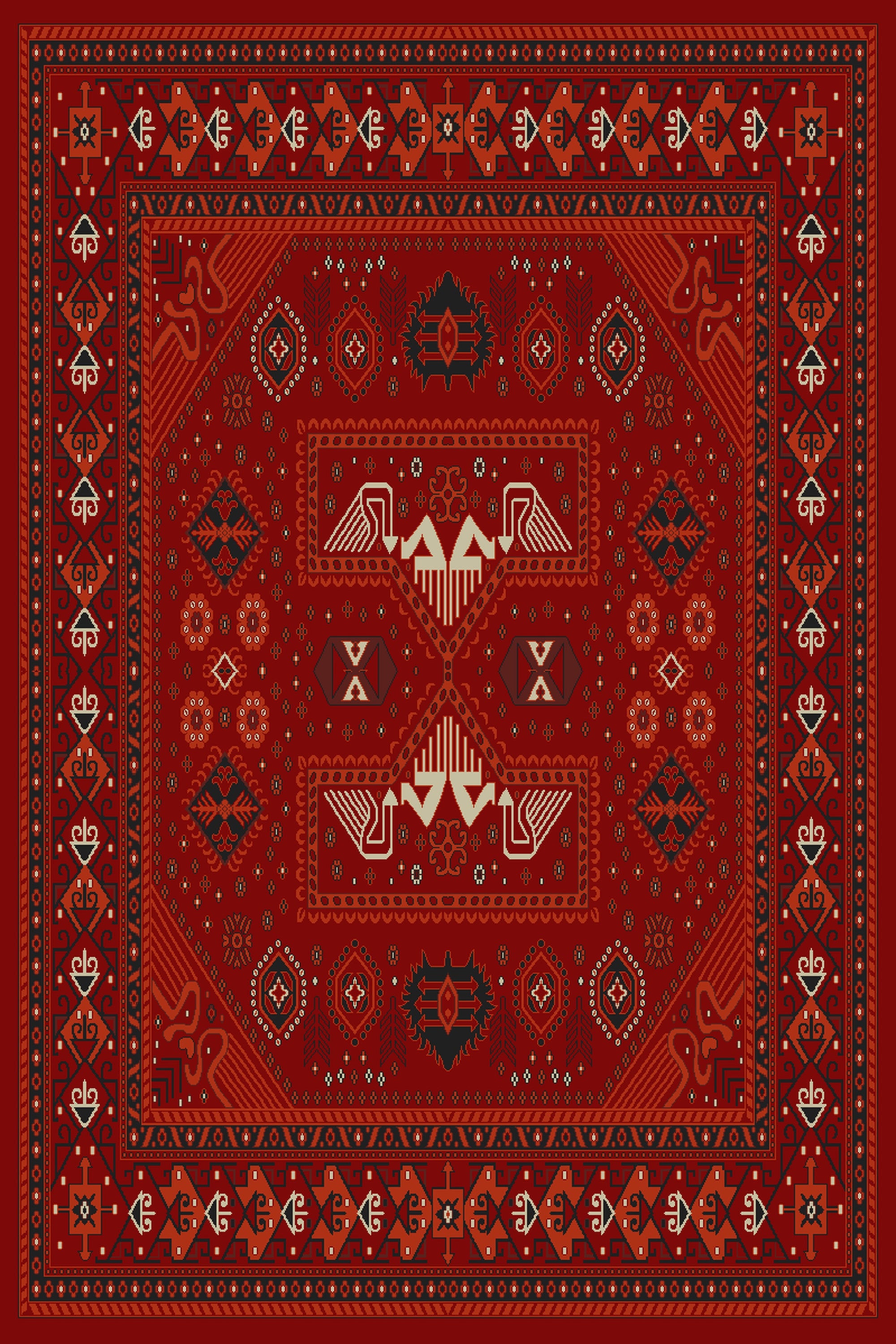 Red and terracotta tribal rug with stylised bird figures, design 02103D — Stylish Rugs & Carpets, Sacramento