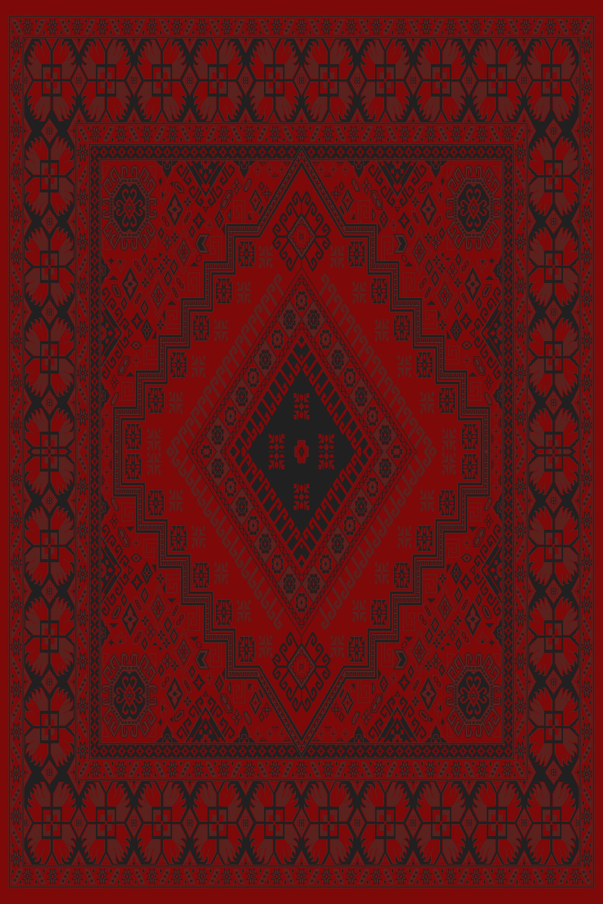 Red and black stepped diamond medallion Turkish rug, design 05365A — Stylish Rugs & Carpets, Sacramento
