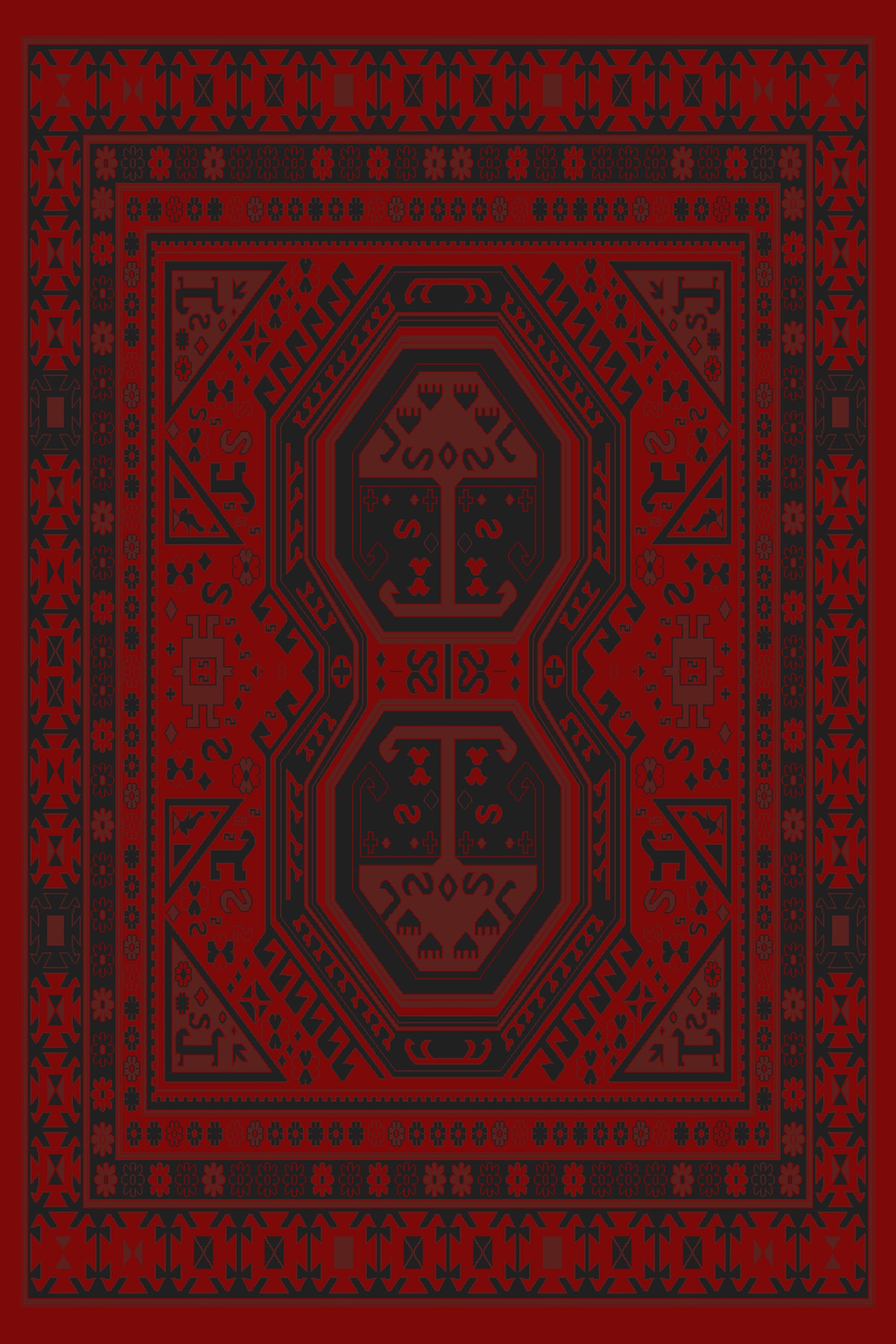Red and black twin octagon medallion Turkish rug, design 05367A — Stylish Rugs & Carpets, Sacramento