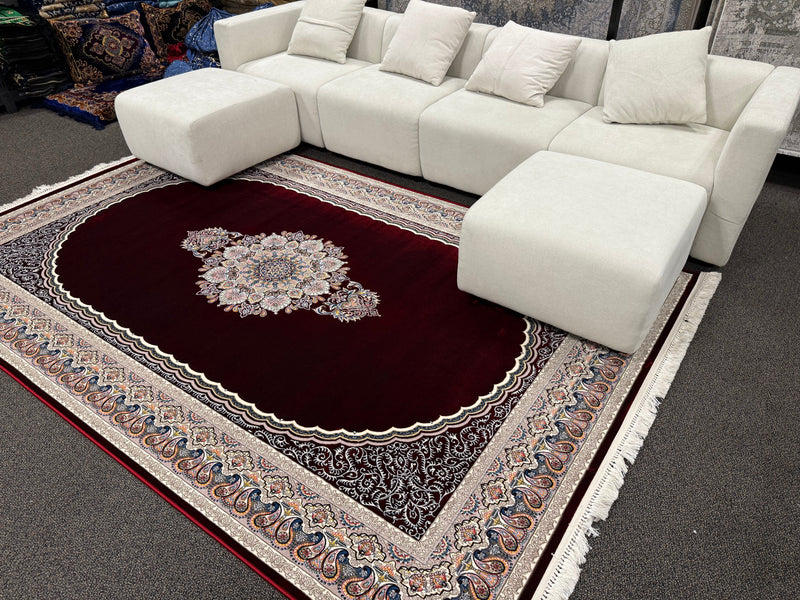 Oversized burgundy red traditional rug — 12x15 great-room sizing