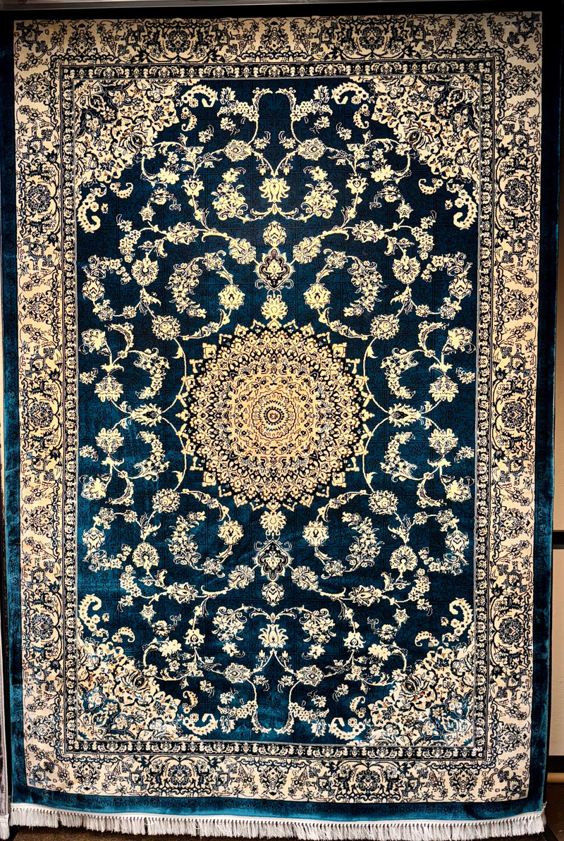 Traditional blue Nain Kashan Turkish area rug — machine-made density