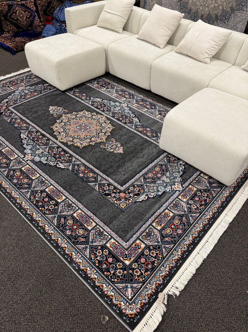 2026 Dark Gray Luxury Traditional Persian Medallion Rug 1200 Reeds | Stylish Rugs & Carpets