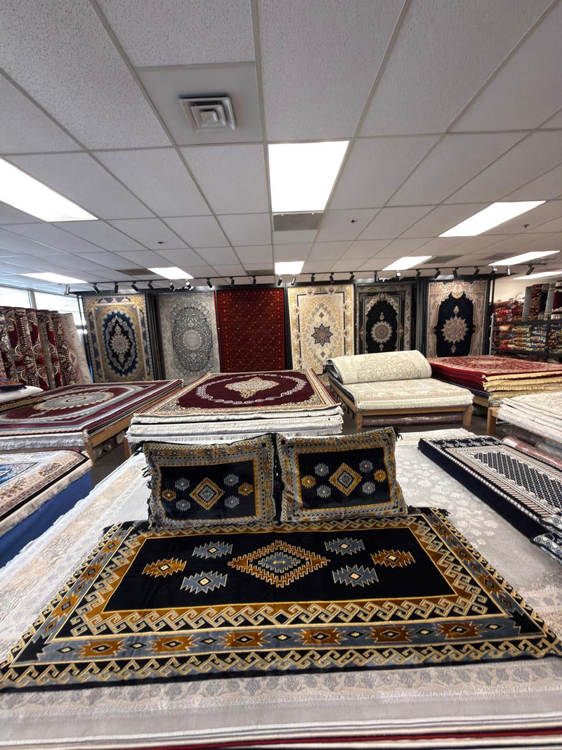 Black, gold and grey tribal diamond Afghan toshak cover set with two cushions