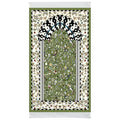Olive green mihrab Islamic prayer mat with floral pattern and arch design – Stylish Rugs & Carpets
