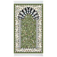 Olive green mihrab Islamic prayer mat with floral pattern and arch design – Stylish Rugs & Carpets